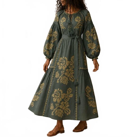 ANNABO Dresses & Skirts - NEW ANNABO elysian garden linen midi dress in deep green